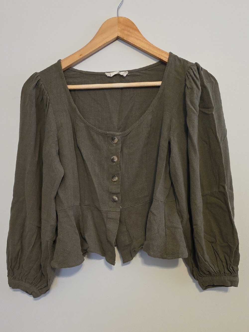Altar'd State Olive Green Scoop-Neck Button Peplum Top